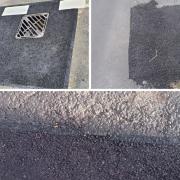 Best practice pothole repairs top left; the reality top right in Milverton Road, Fulflood; and in St George's Street