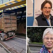 Left: The lorry stuck on Greatbridge Road. Top Right: Cllr Mark Cooper. Bottom Right: Cllr Janet Burnage
