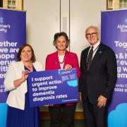 Meon Valley MP Flick Drummond with Fiona Carragher, director of research and influencing at Alzheimer’s Society, and Sir Jonathan Pryce.