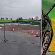 Left: The decommissioned Balfour Beatty Compound. Right: Map showing the location of the M3 Junction 9 Compound