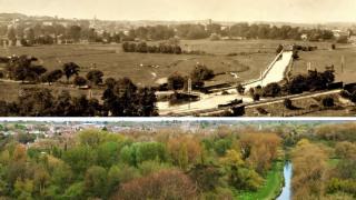 Top: The view from Winchester Hill circa 1914. Bottom: The view from Winchester Hill in 2024