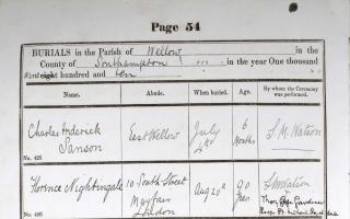 Burial register for St Margaret's Church in East Wellow, Hampshire, including an entry marking the burial of Florence Nightingale