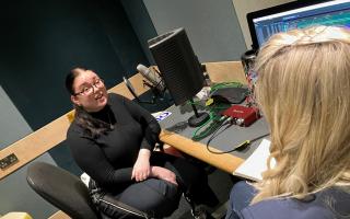 Dr Emily Stiles (right), lecturer in modern history and PhD student Lucy Dixon (left) recording the Holocaust podcast