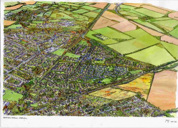 An artist's impression of how an aerial view of the Barton Farm development will look