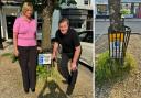 Left: Jill and Guy Wikeley. Right: a sign on Broad Street, Alresford