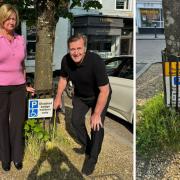 Left: Jill and Guy Wikeley. Right: a sign on Broad Street, Alresford