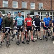 Mark McLaren, Ride to Remember Challenge Champion (fourth left in red), partaking in Sunday’s Hampshire Hilly Hundred for the St John’s Dementia Support service